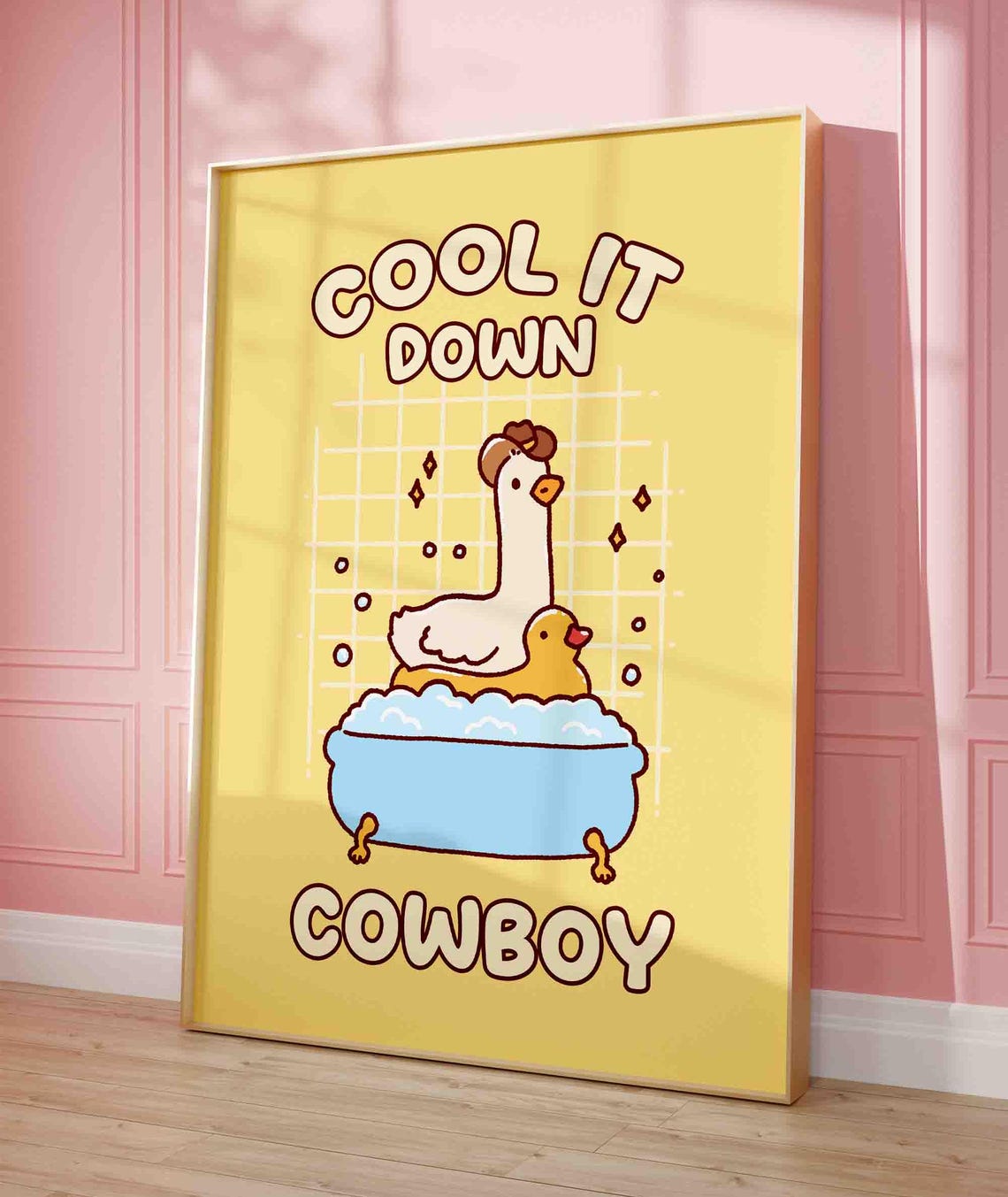 Cool It Down Cowboy Goose In Bathtub Funny Yellow Bathroom Poster