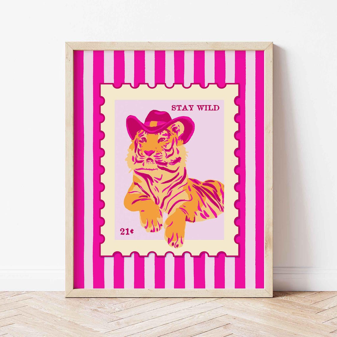 Stay Wild Cowboy Tiger Postage Stamp Style Hot Pink Pop Art Fun Poster