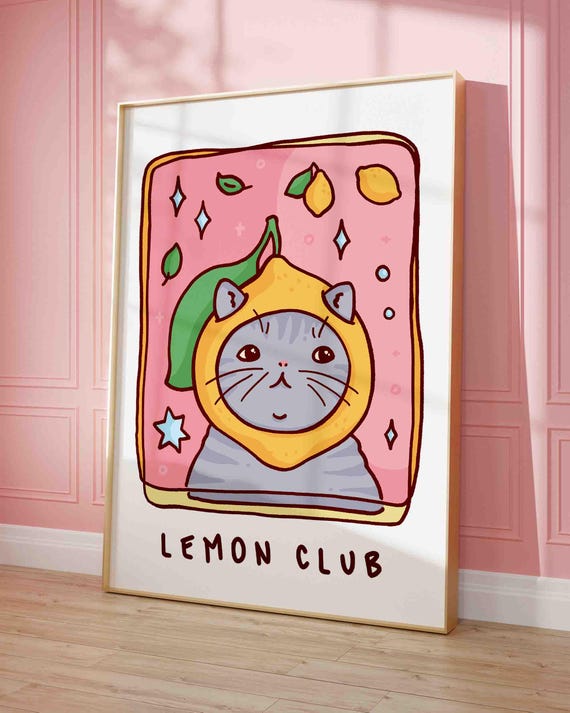 Cat Wall Art Print Lemon Club Fruit Poster Pink And Yellow Cute Kitten Illustration Lover Gift Unframed Shipped Mom