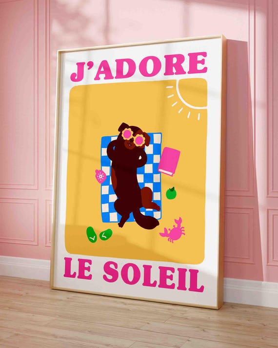 Dog Jadore Le Soleil Print Funny On The Beach Poster Funky Wall Art Cute Puppy Coastal Gallery Summer