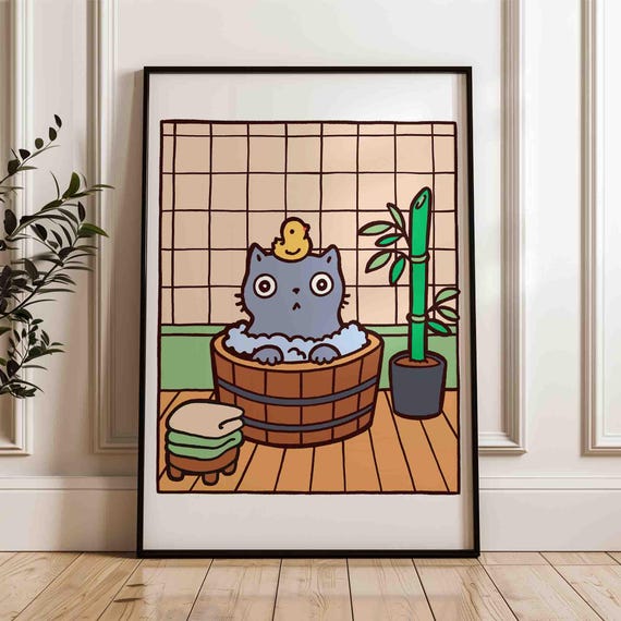 Grey Cat Bathing Poster Minimalism Retro Japandi Print Lovers Gift Japanese Style Funny Kitten In An Onsen Bath Wall Art