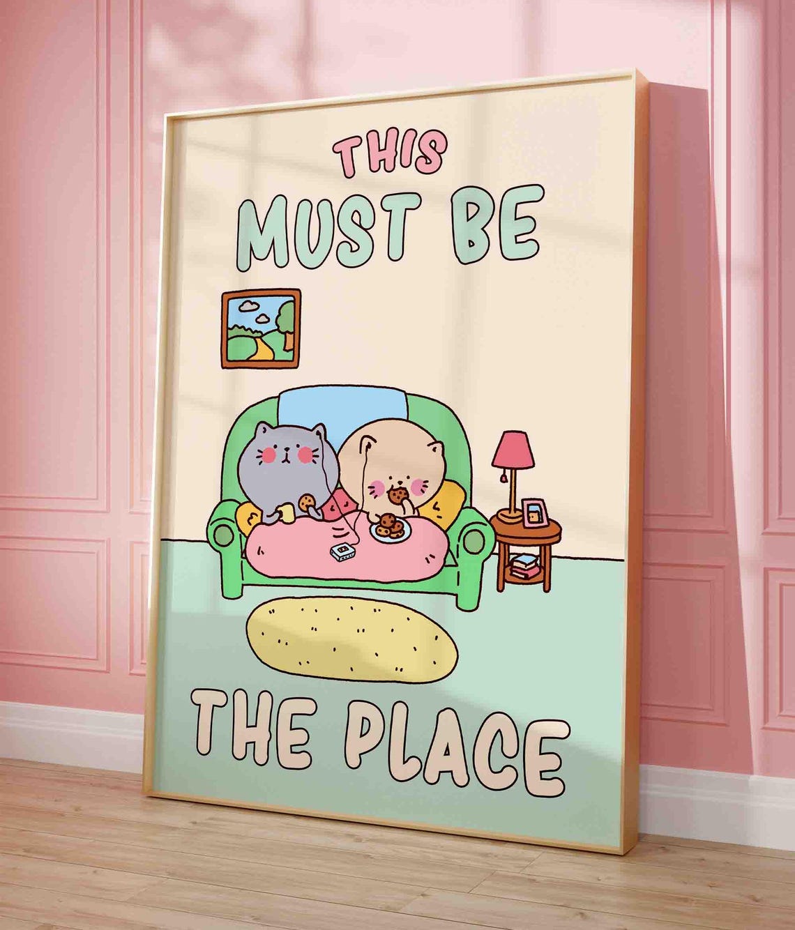 This Must Be The Place Cats On Couch Cozy Quirky Illustration Poster