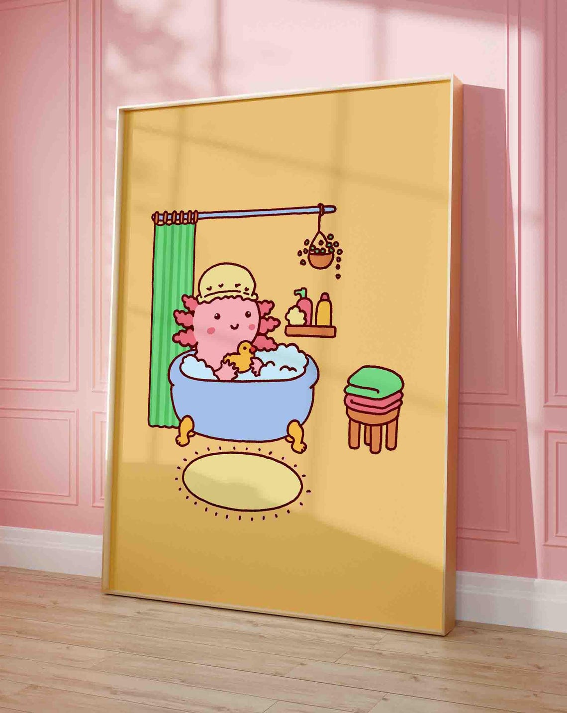Axolotl Bubble Bath Cute Cartoon Yellow Duck Bathroom Poster Art