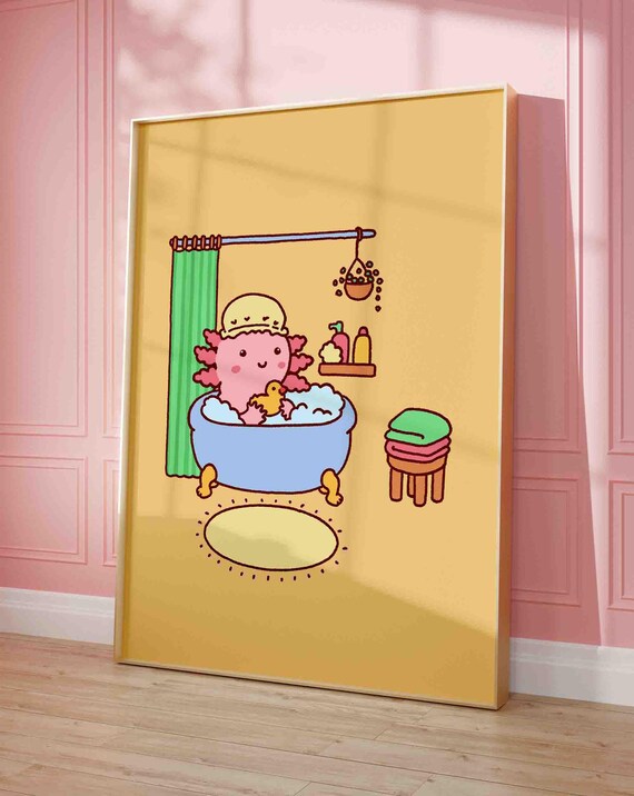 Axolotl Bubble Bath Cute Cartoon Yellow Duck Bathroom Poster Art