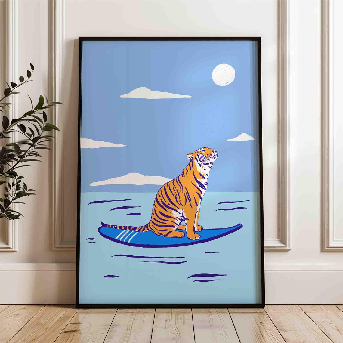 Surfing Tiger Under Bright Moon Turquoise Ocean Coastal Poster