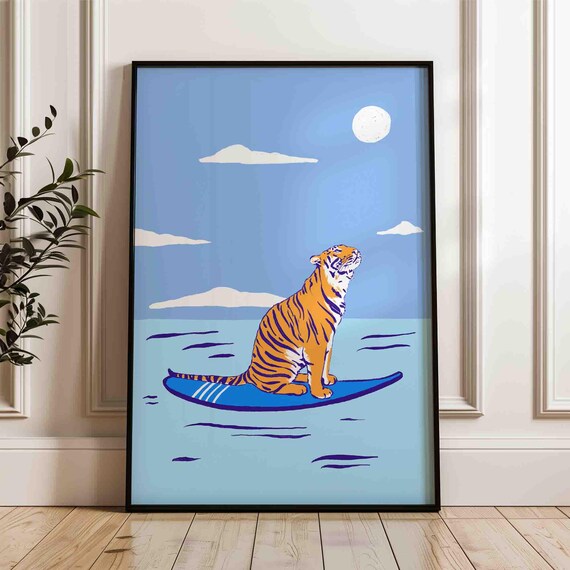 Tiger Wall Print Blue And Orange Poster Hand Drawn Surfing Coastal Shipped Art Beach Home Decor Dopamine