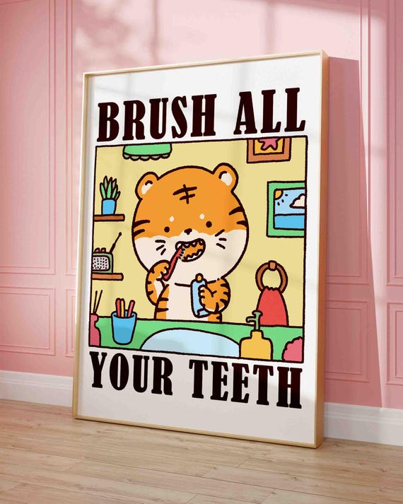 Brush Your Teeth Tiger Poster Cute Bathroom Wall Art Wash Room Decor Childrens Washing Up Print Kawaii Shipped