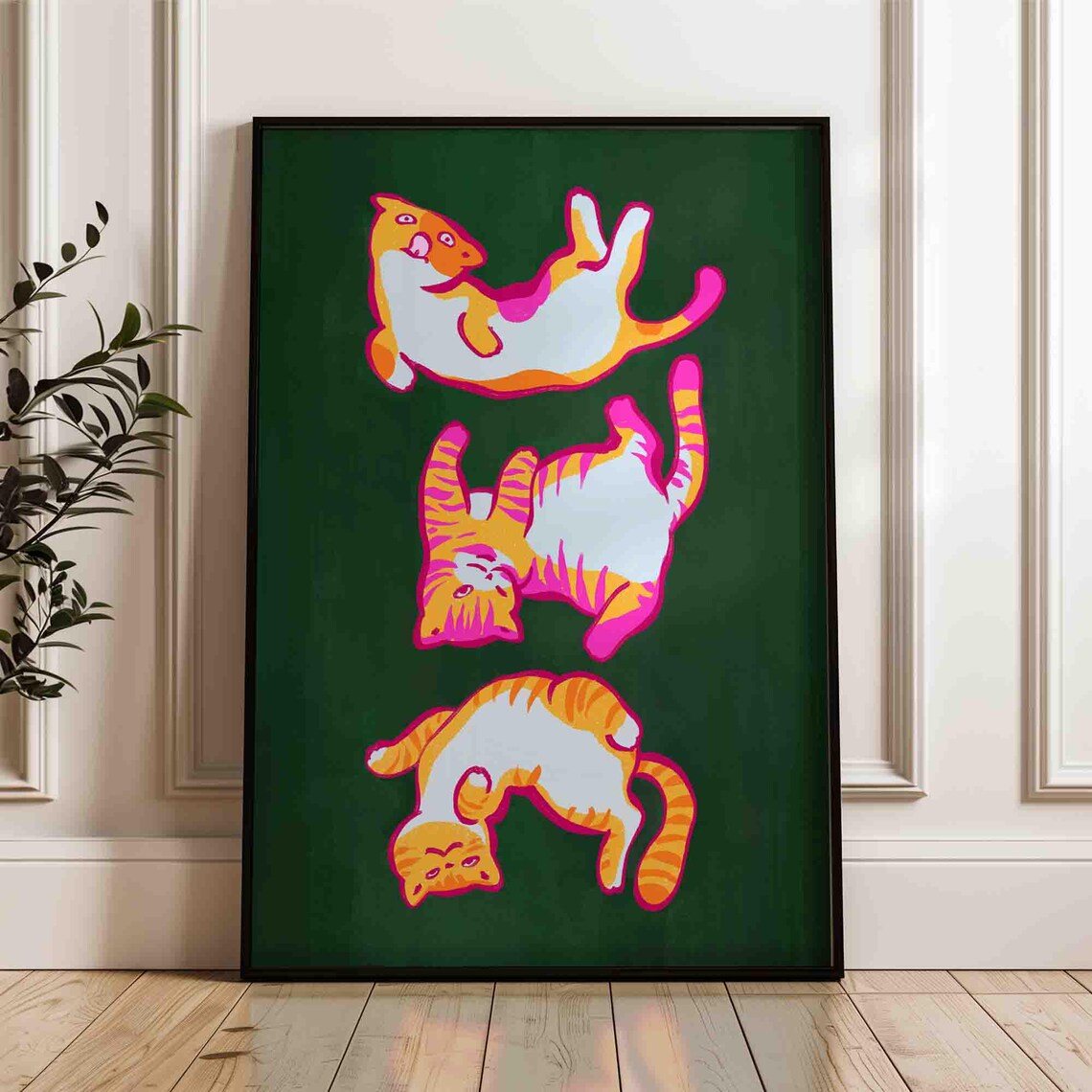 Playful Cats Tumbling Poster Orange Pink Green Funny Cat Dopamine Decor