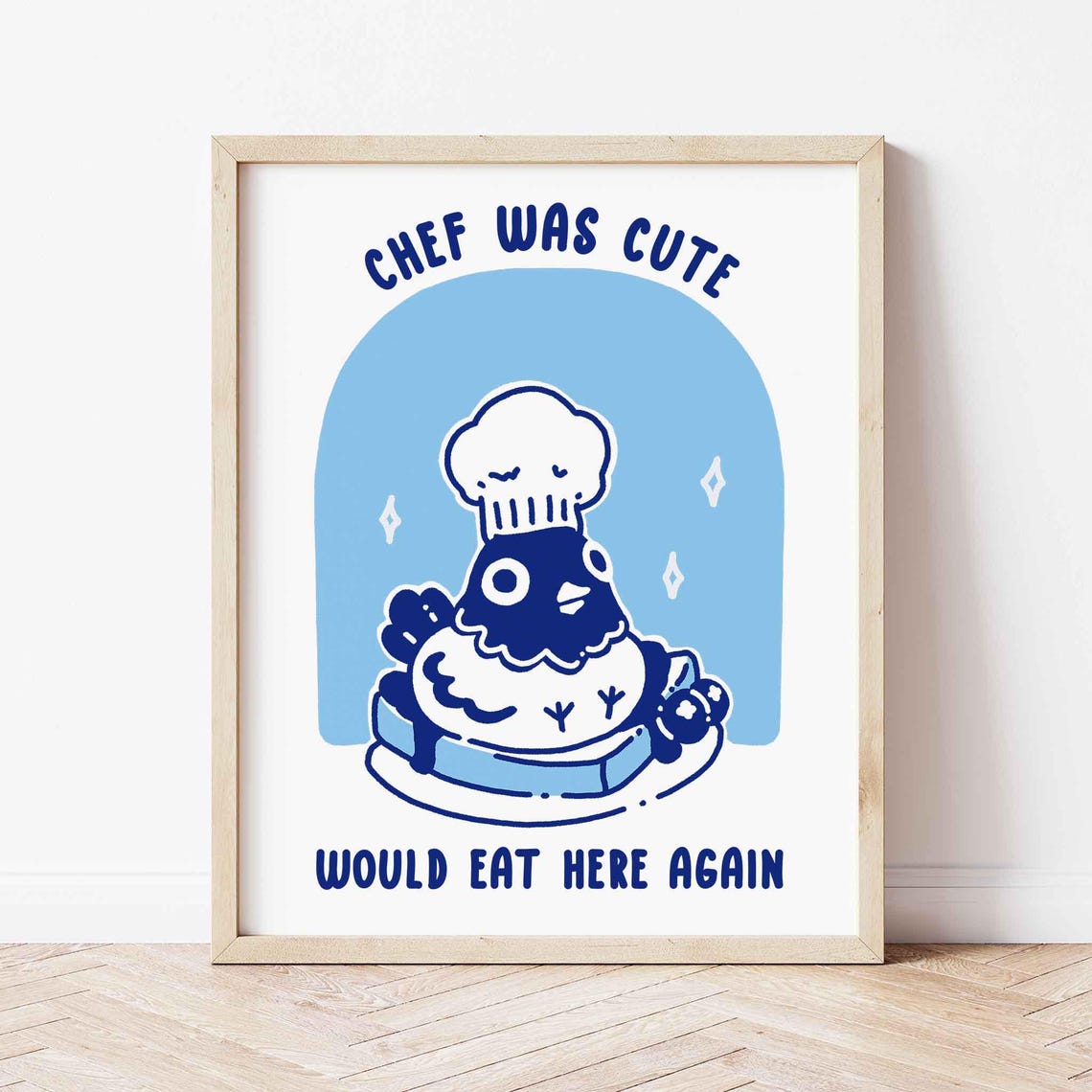 Chef Was Cute Pigeon Poster in White Minimal Frame Kitchen Art