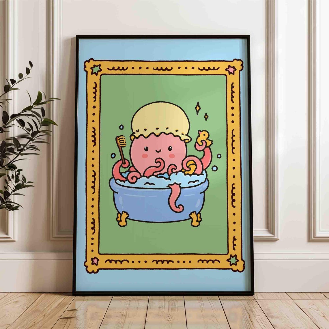 Pink Octopus Bath Time Cartoon Kids Bathroom Fun Retro Art Poster