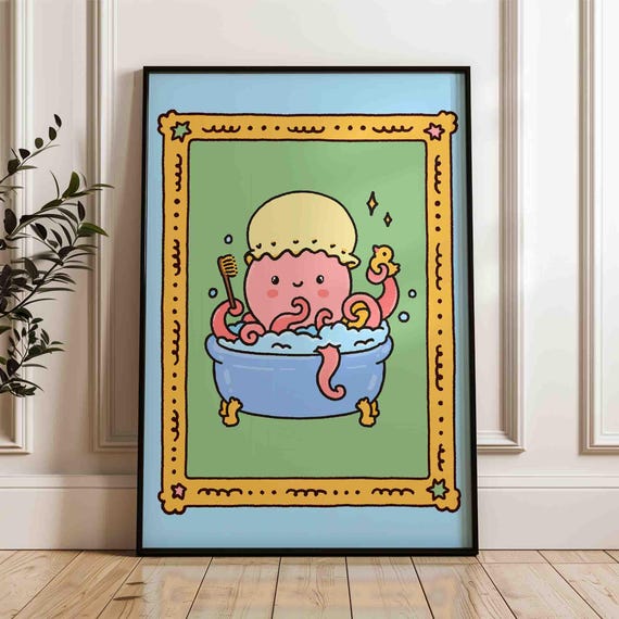 Octopus In A Bath Poster Funny Time Cute Bathroom Art Print For Kids Trendy Unframed Shipped Wall