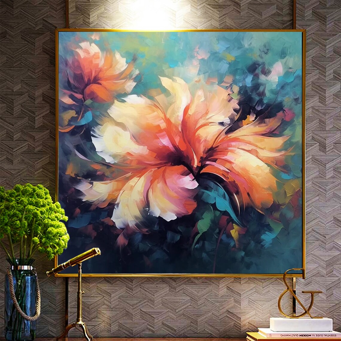Orange Blossom Abstract Floral on Dark Teal Oil Painting Poster - Image 2