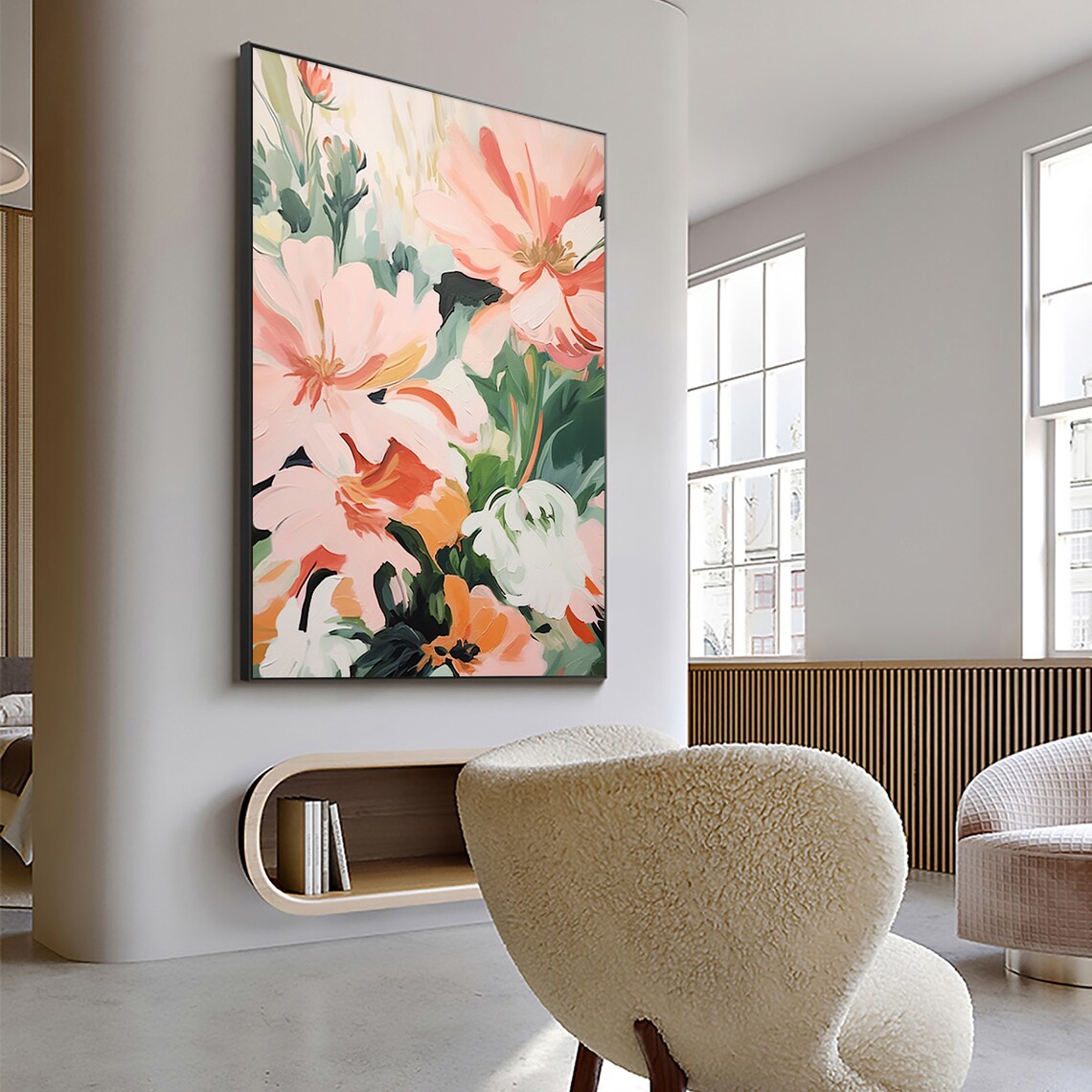 Soft Pink Blossoms Vertical Abstract Floral Oil Painting Poster - Image 3
