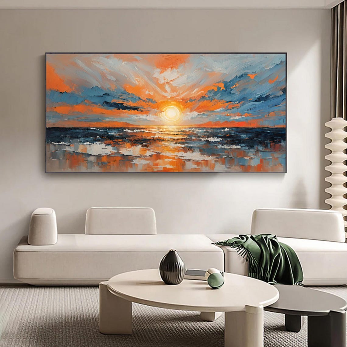 Golden Sunset Reflected on Calm Ocean Waves Oil Painting Poster - Image 5