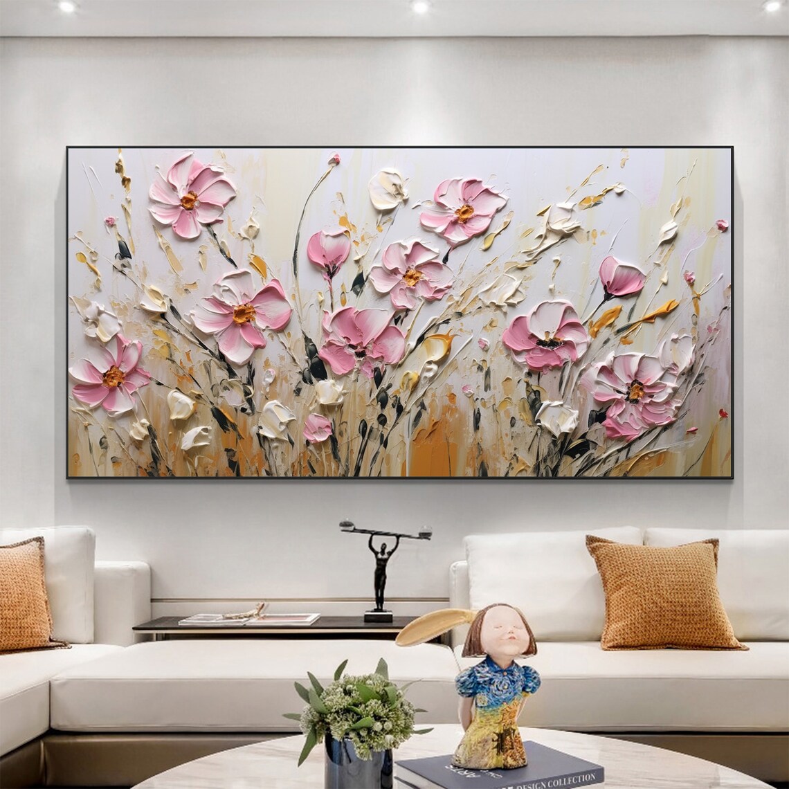 Delicate Pink Cosmos Flowers White Cream Impasto Floral Poster - Image 7