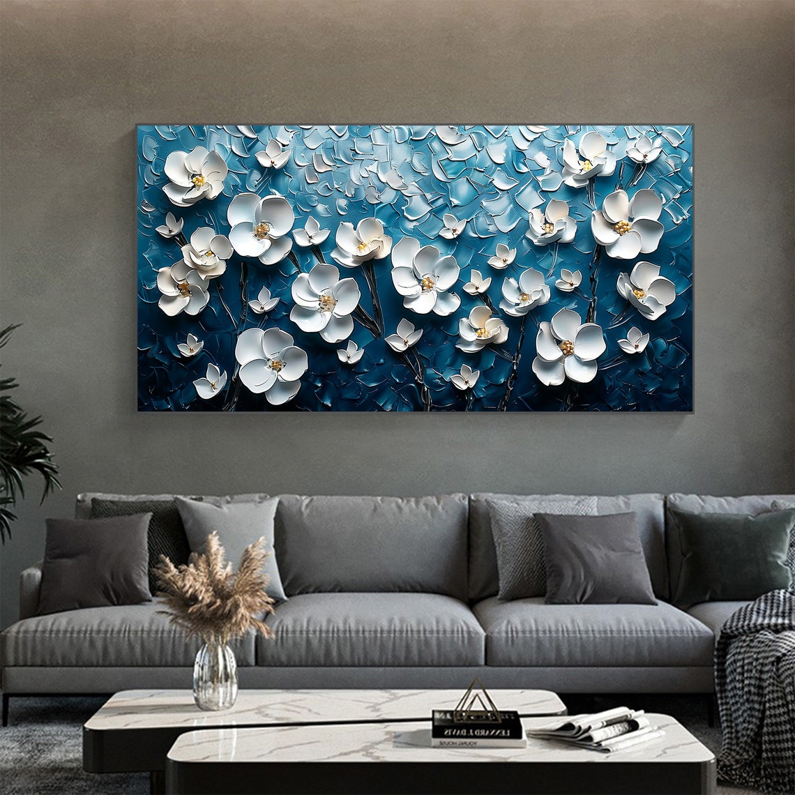 White Blossoms on Navy Blue 3D Textured Floral Oil Painting Poster - Image 4