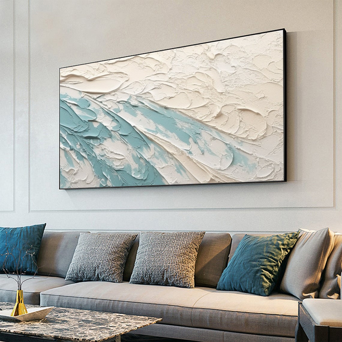 White Teal Ocean Wave Minimalist 3D Textured Abstract Poster - Image 6