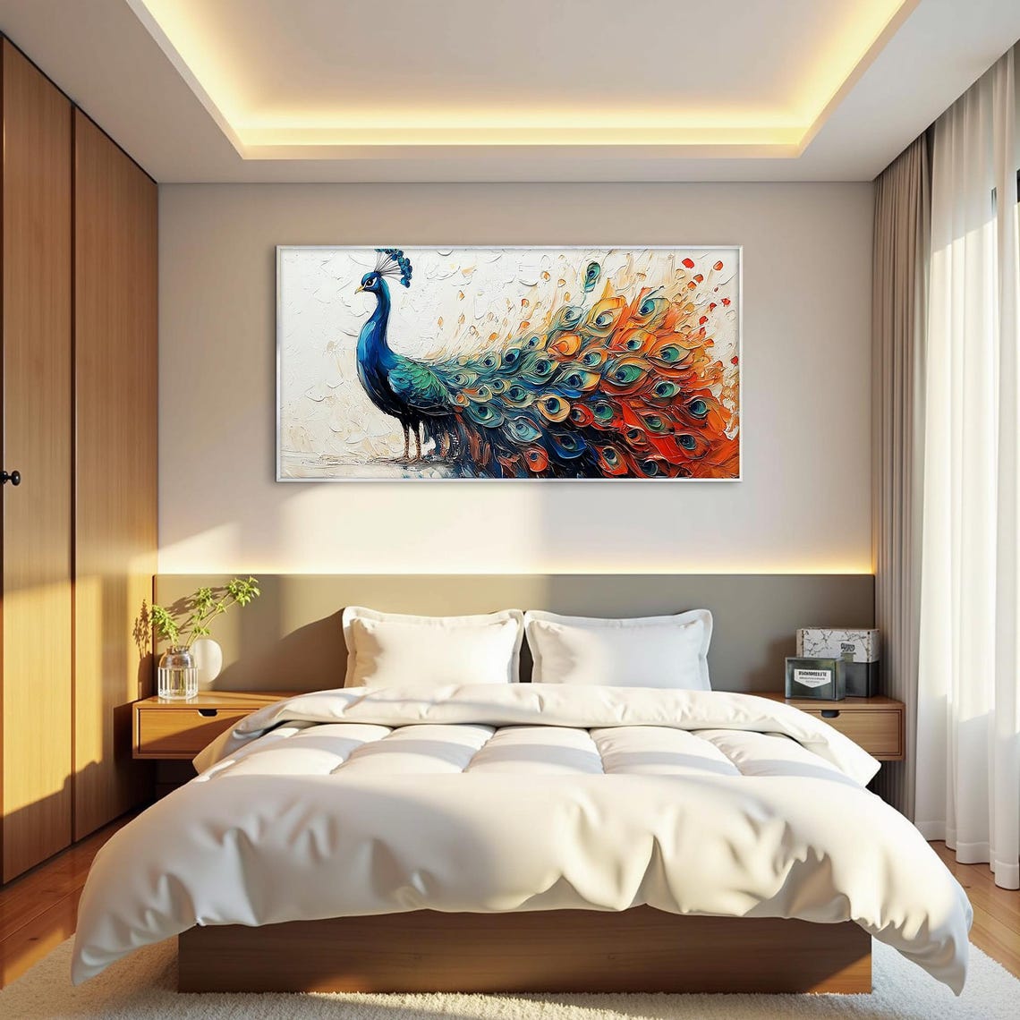 Blue Peacock With Fiery Tail Feathers Textured Oil Painting Poster - Image 4
