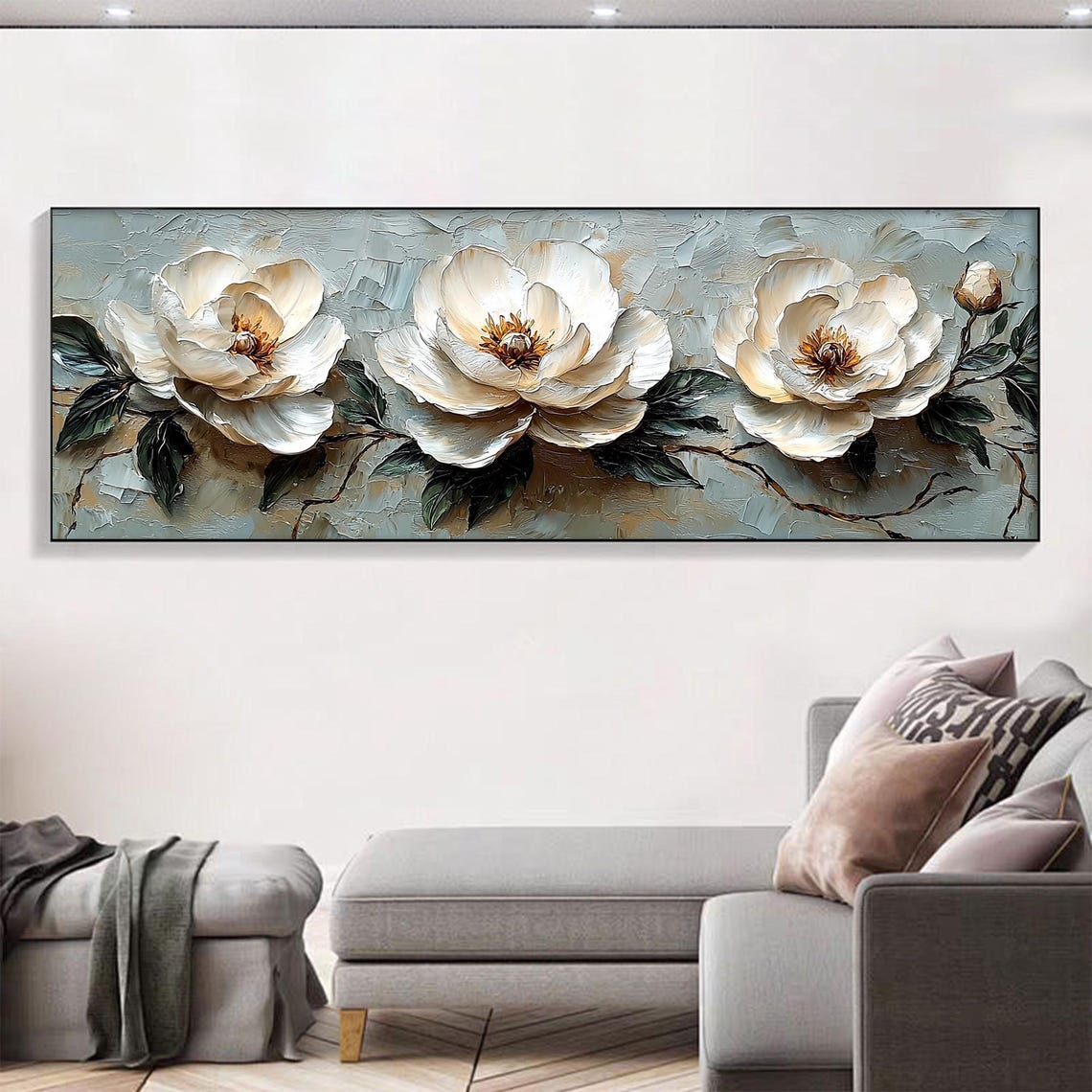 Three White Peonies Textured Horizontal Floral Oil Painting Poster - Image 4