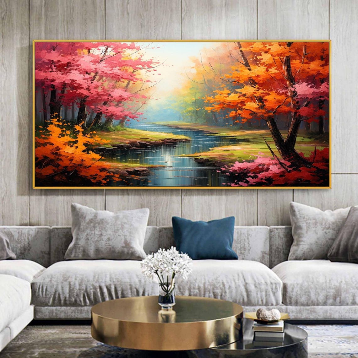 Calm River Red Orange Trees Forest Reflection Landscape Poster - Image 2