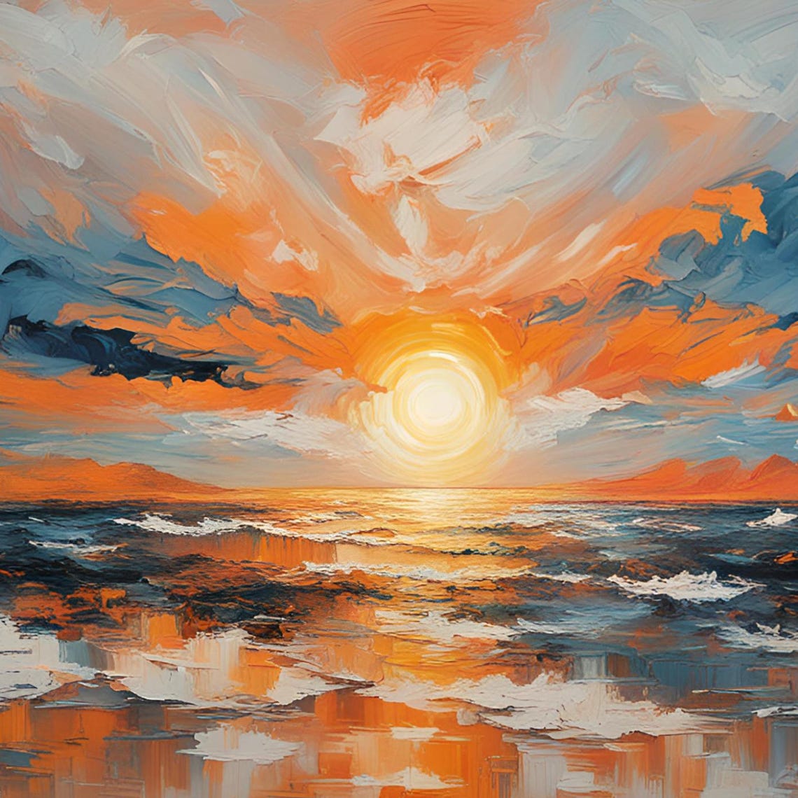 Golden Sunset Reflected on Calm Ocean Waves Oil Painting Poster - Image 6
