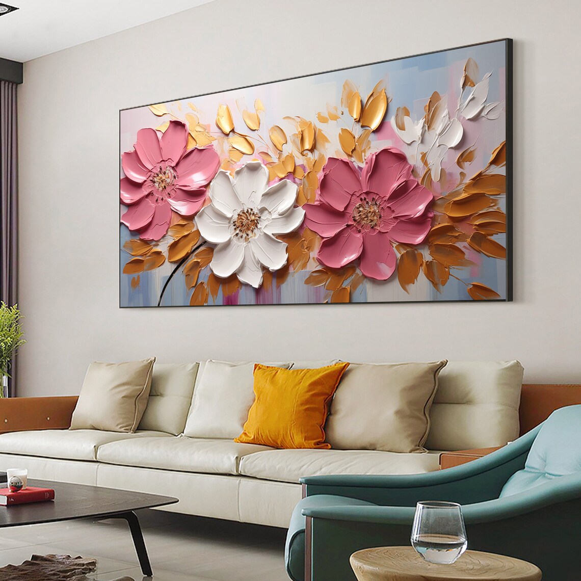 Pink and White Flowers With Gold Foliage Impasto Oil Painting Poster - Image 8