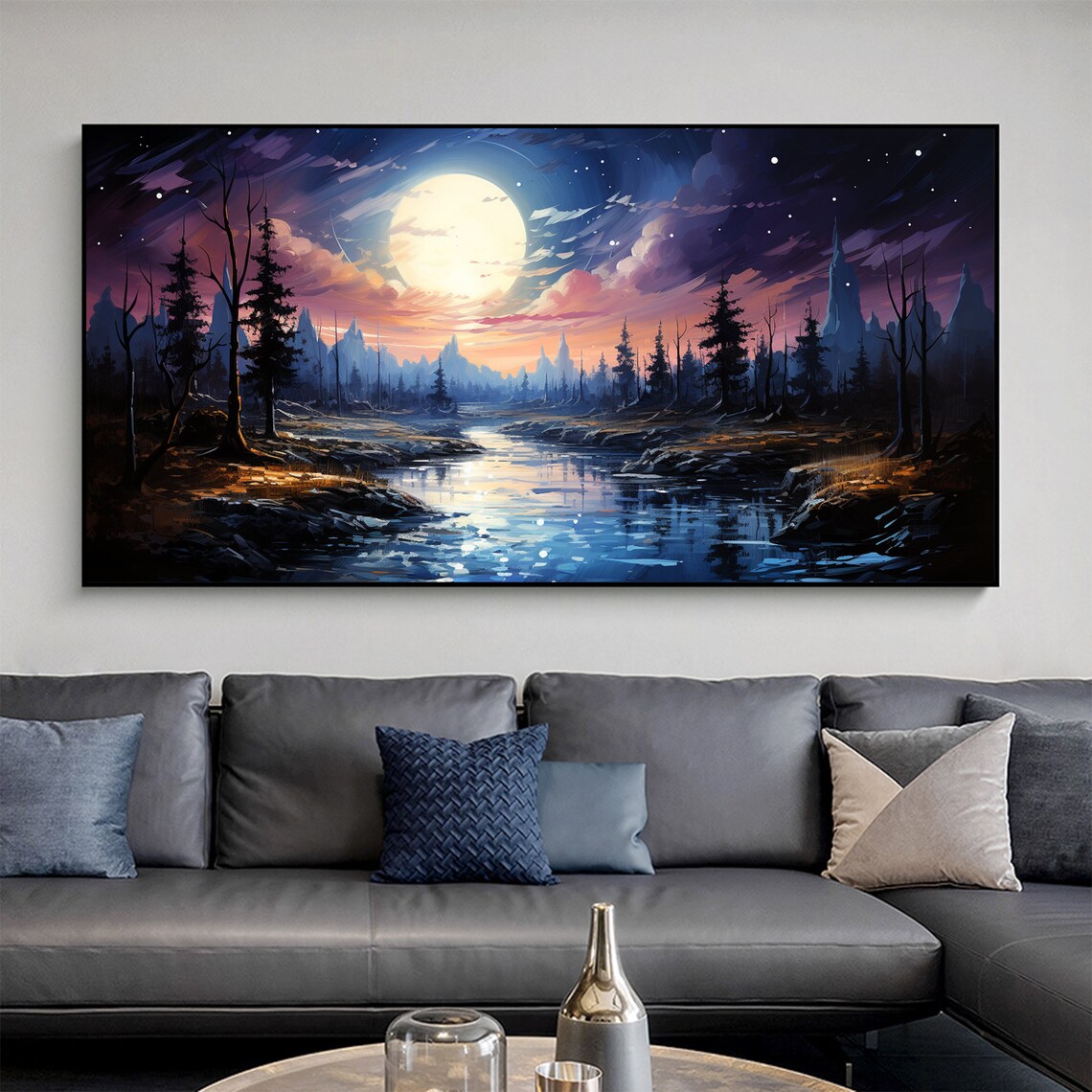 Abstract Night Lake Landscape Oil Painting On Large Wall Art Original Forest Painting Sky Wall Art Boho Wall Decor Living Room Art - Image 2