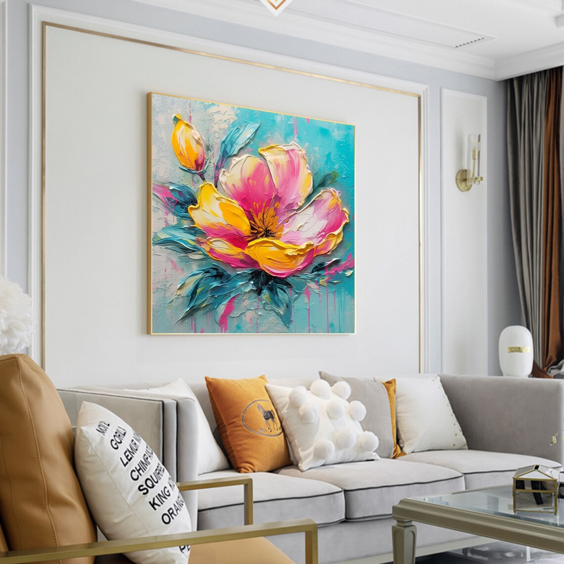 Vivid Pink Yellow Blossom Teal Leaves Bold Floral Art Poster - Image 7