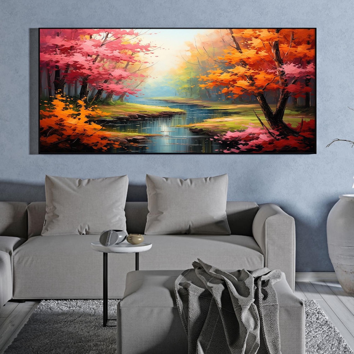 Abstract Nature Landscape Oil Painting On Large Wall Art Original River Art Colorful Tree Wall Art Custom Painting Living Room Decor - Image 3