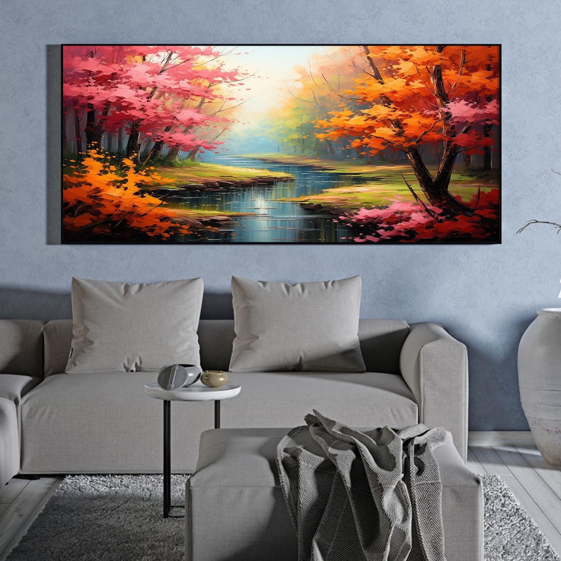 Calm River Red Orange Trees Forest Reflection Landscape Poster - Image 3