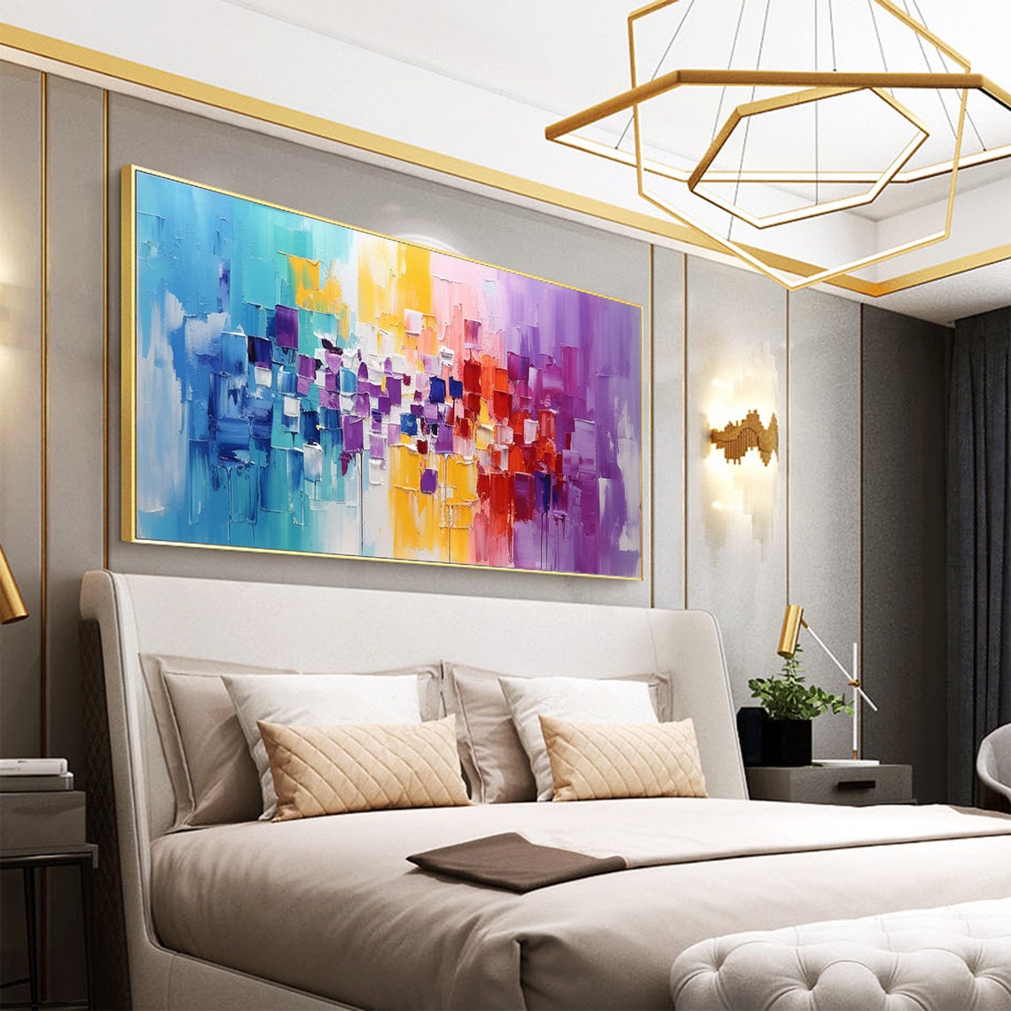 Rainbow Color Block Palette Knife Modern Abstract Canvas Poster - Image 2