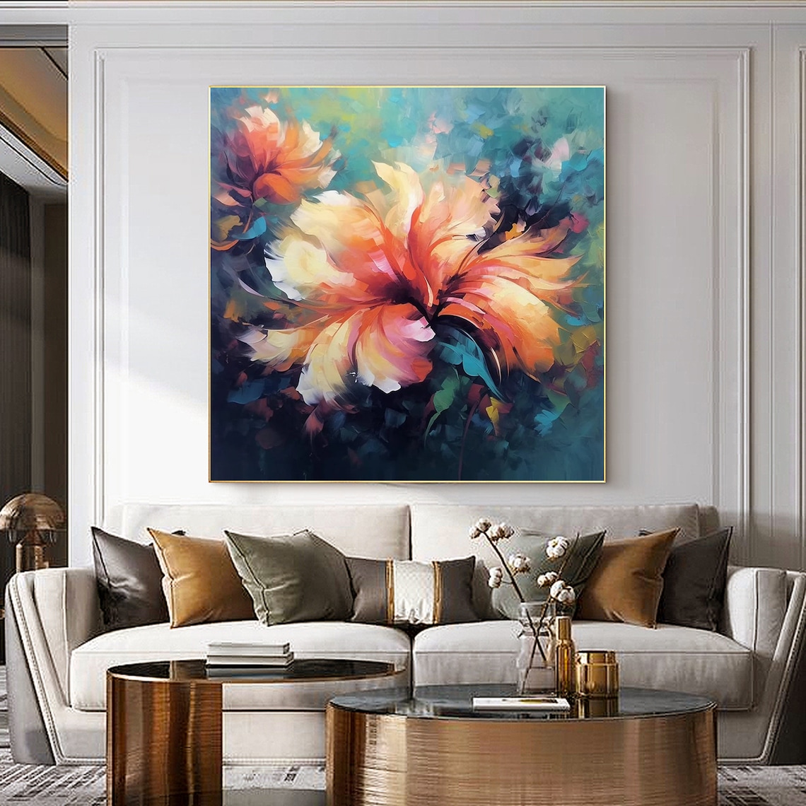 Orange Blossom Abstract Floral on Dark Teal Oil Painting Poster - Image 3