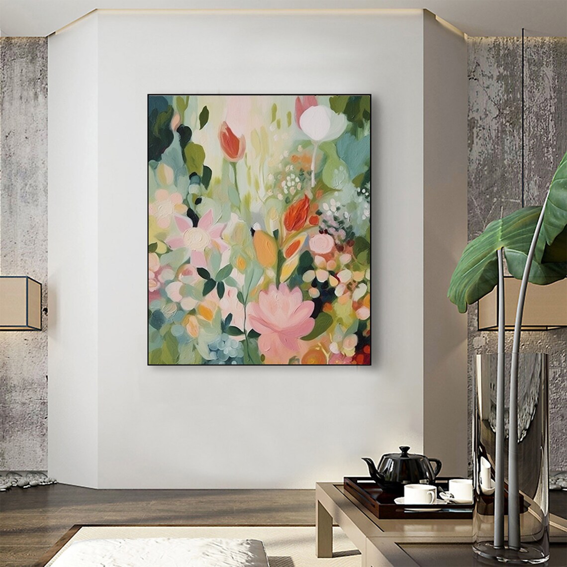 Green Flowers Oil Painting, Abstract Boho Floral Art Print - Image 2