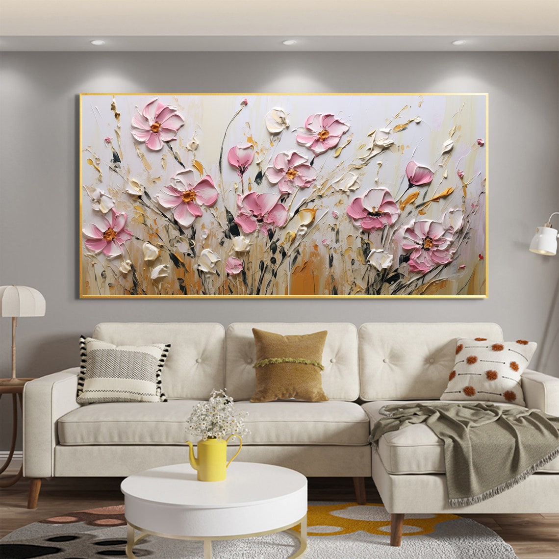 Delicate Pink Cosmos Flowers White Cream Impasto Floral Poster - Image 3