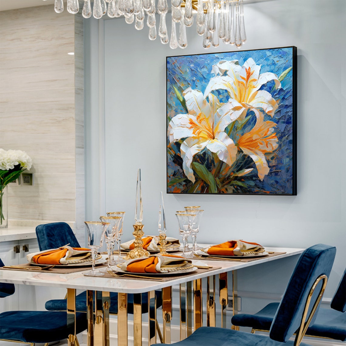 White Orange Lily Blooms Deep Blue Textured Floral Art Poster - Image 4