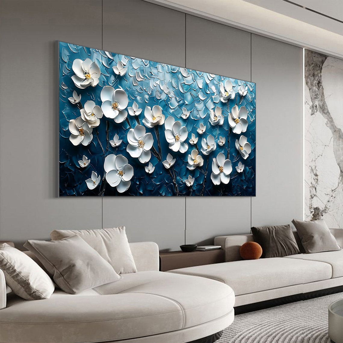 White Blossoms on Navy Blue 3D Textured Floral Oil Painting Poster - Image 8