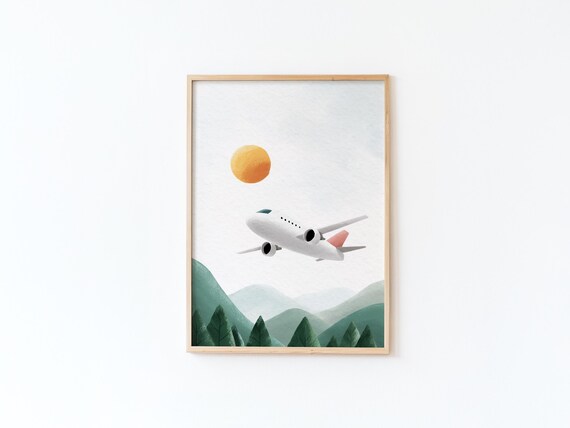 Watercolor Airplane Flying Over Green Mountains And Sun Poster