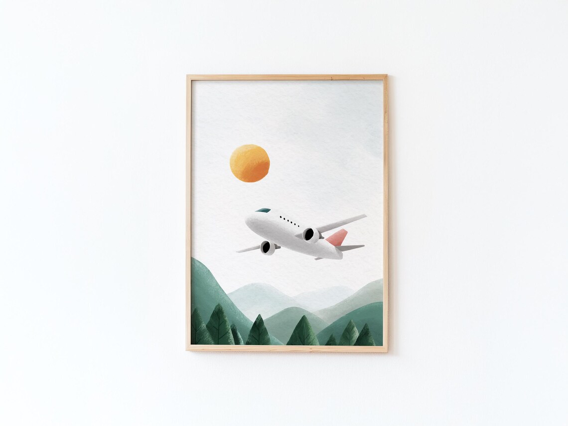 Watercolor Airplane Flying Over Green Mountains And Sun Poster