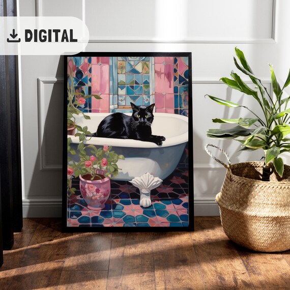 Cute Black Cat Bathroom Print Guest Bathroom Decor Funny Catful Painting Toilet Bathtube Wall Art Cat Restroom Decoration Humor Poster Wc