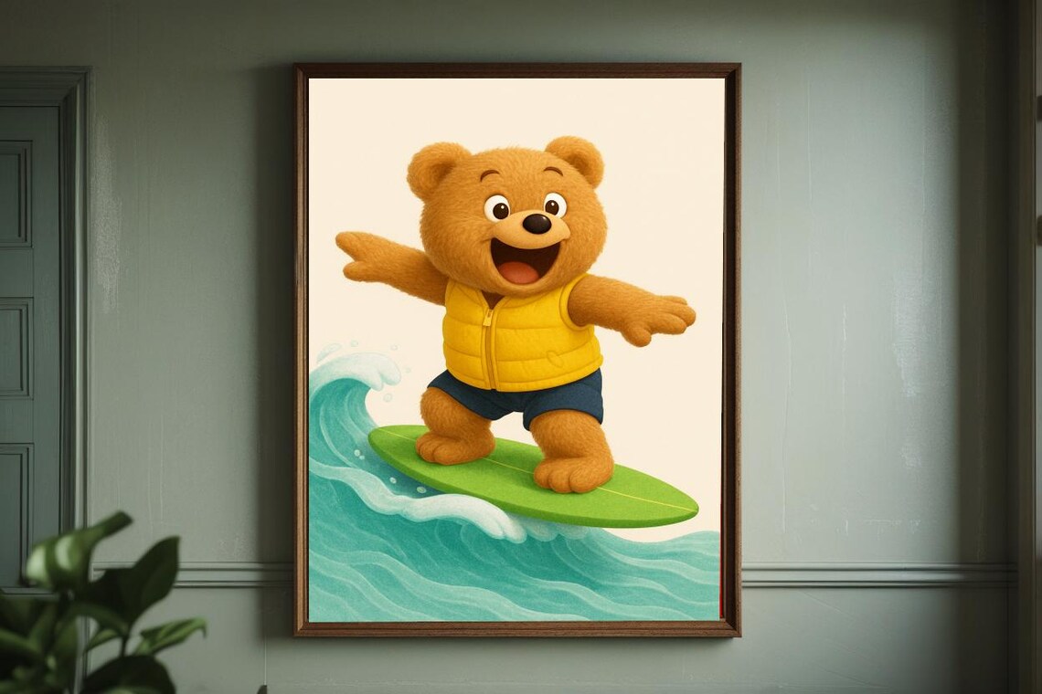 Cute Surfing Teddy Bear Wave Cartoon Summer Kids Room Art Adventure Poster
