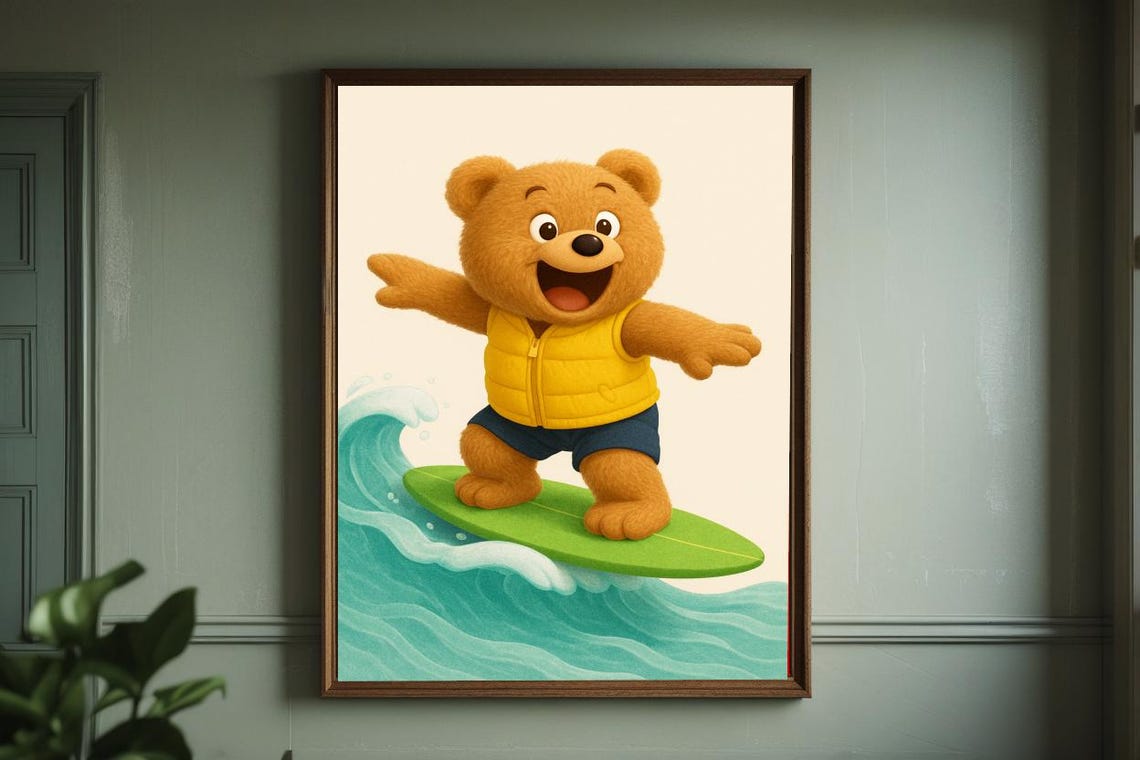 Surfing Teddy Bear Adventure Wall Art Poster