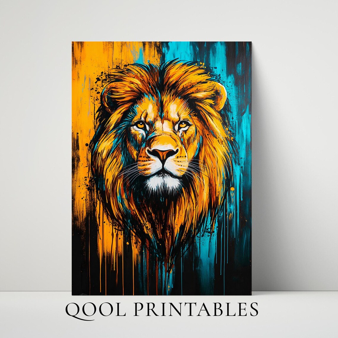 Majestic Lion Vibrant Graffiti Mane Orange Teal Animal Art Poster