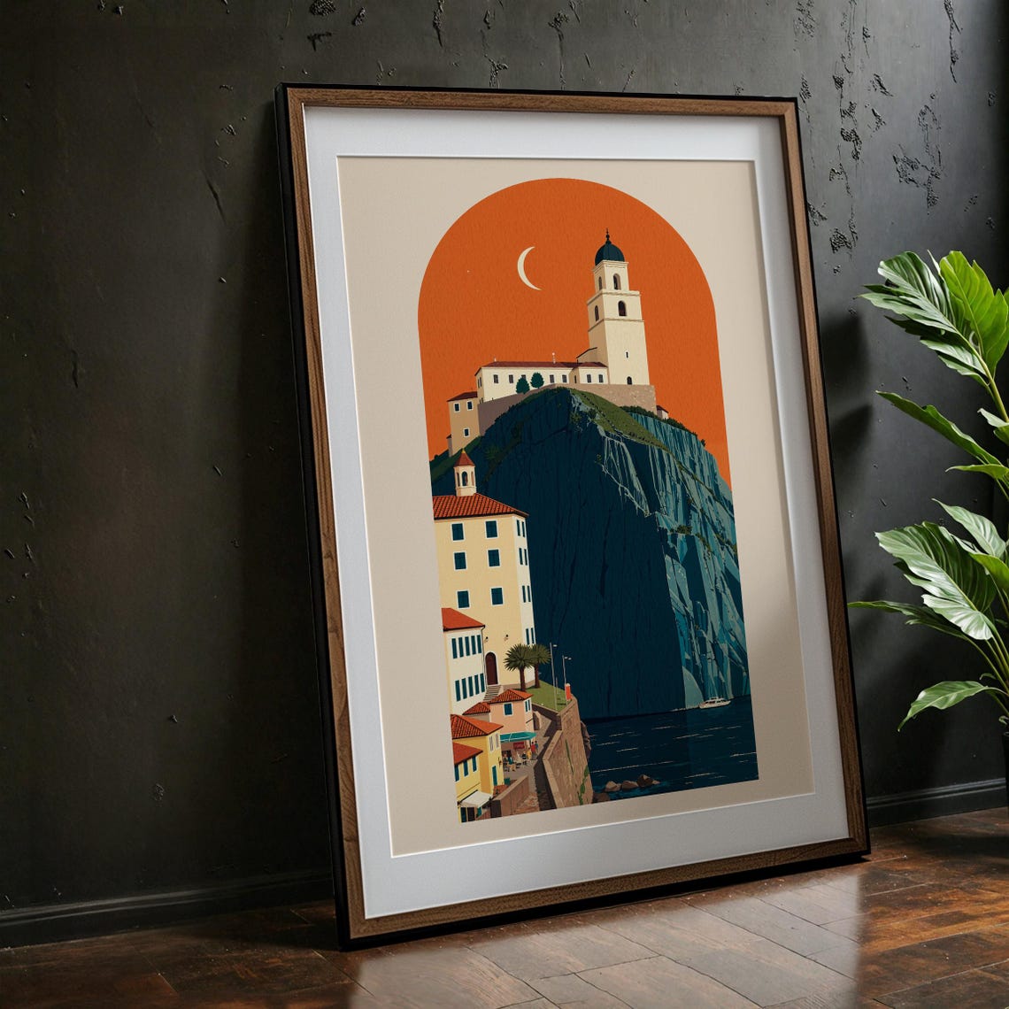 Mediterranean Cliff Town Coastal Sunset Minimalist Travel Poster
