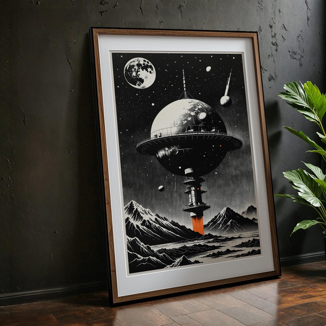 Retro Sci-Fi Space Station Moon Black White Vintage Space Poster