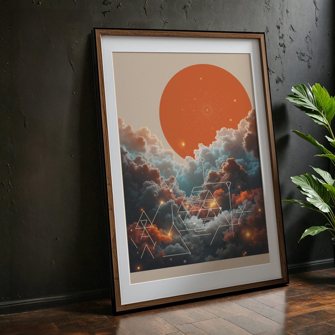 Geometric Cosmic Cloud Orange Sun Line Art Abstract Sky Wall Art