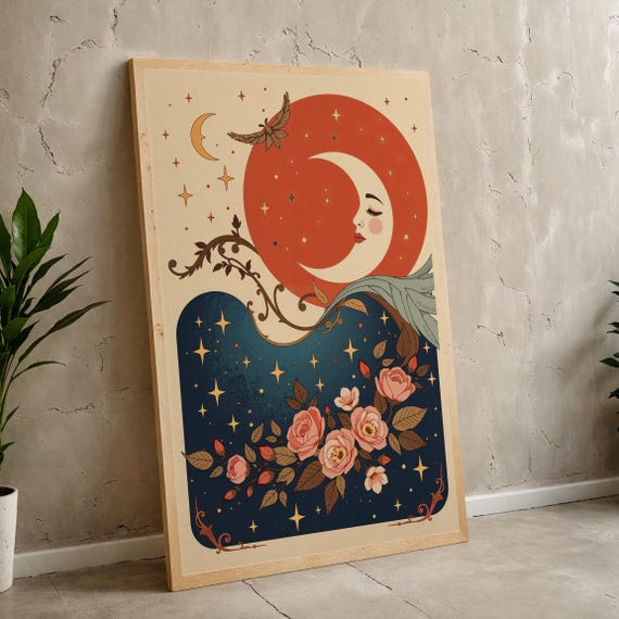 Boho Moon And Moth Art Celestial Floral Wall Decor Mystical Lunar Night Poster For Astrology Lovers