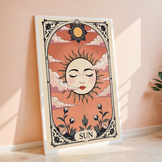 Vintage Sun Tarot Card Floral Celestial Boho Decor Art Poster