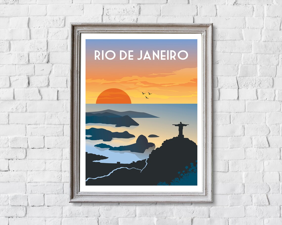 Rio de Janeiro Brazil Sunset Bay Christ Redeemer Retro Poster - Image 2