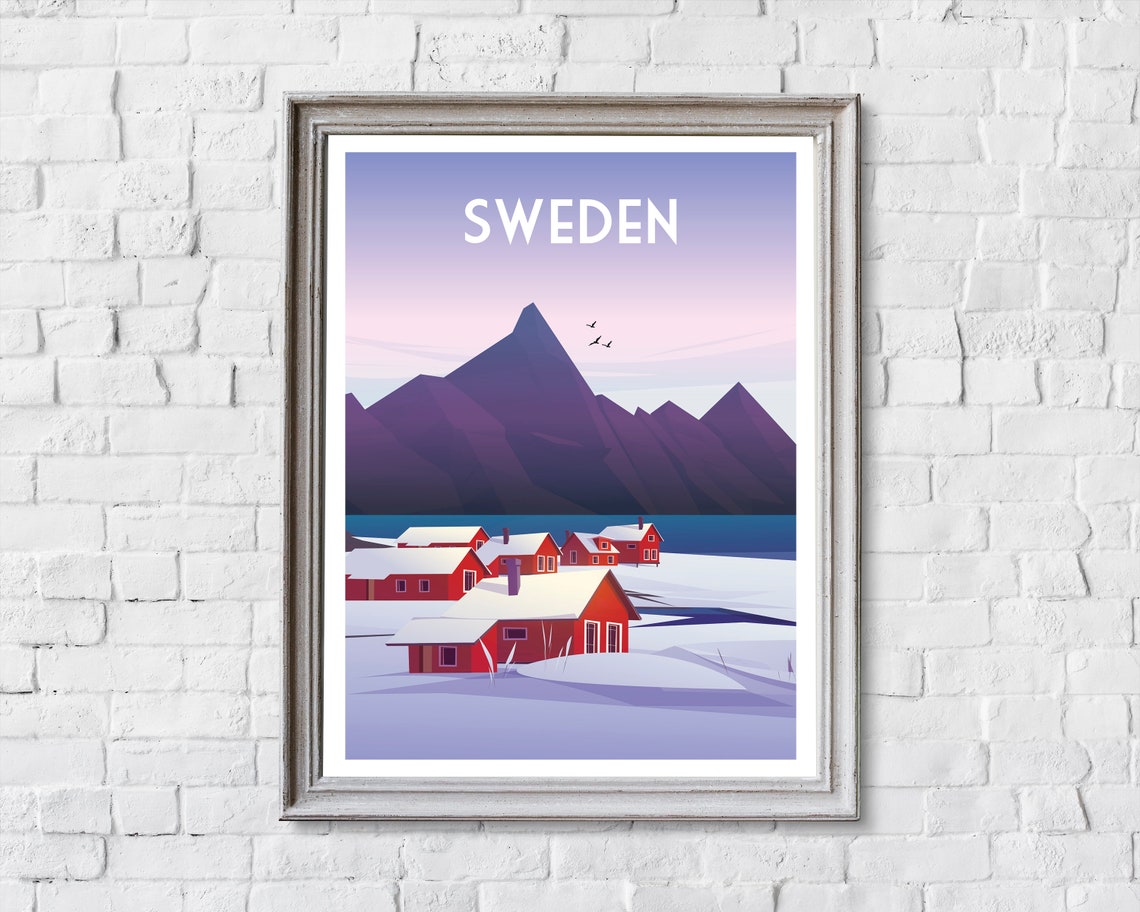Sweden Snowy Red Cabins Beneath Mountain Peaks Retro Travel Poster - Image 2