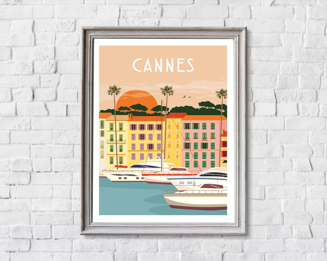 Cannes French Riviera Sunset Harbor Luxury Yachts Travel Poster - Image 2